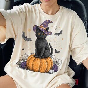 Retro Halloween Tee, Cat Pumpkin Tee, Ghost Cat Tee